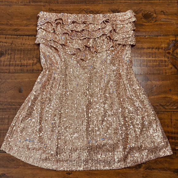 Free People New Frida Ruffle Mini Dress Sequined Bronze 6 Cocktail Party - Picture 2 of 13